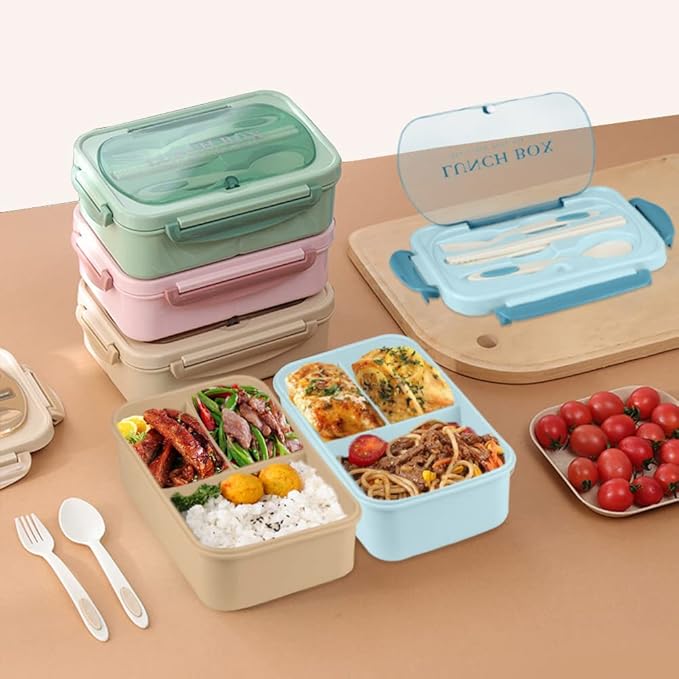 NatraProw Bento Box for Adult, 1200 ML Lunch Containers, LeakProof Lunch Box with Utensils, BPA Free, 3 Compartment Bento Box Microwave Safe, Blue