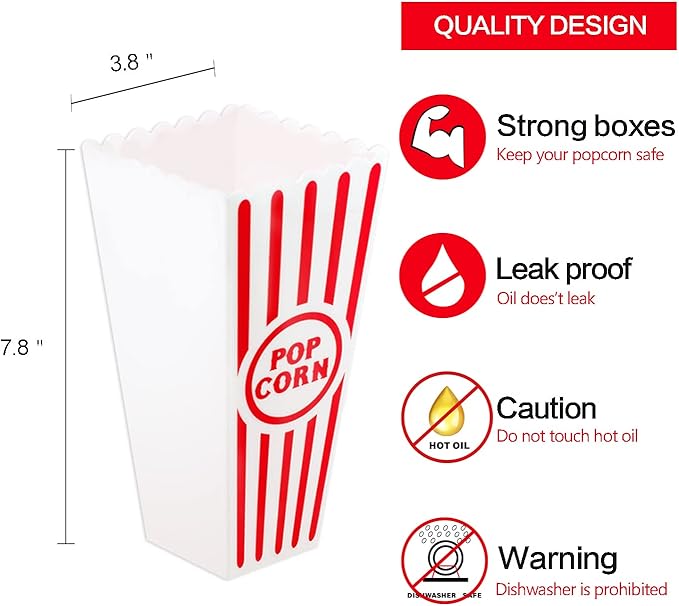 NOVELTY PLACE Plastic Red & White Striped Classic Popcorn Containers for Movie Night - 7.8" Tall x 3.8" Square (8 Pack)