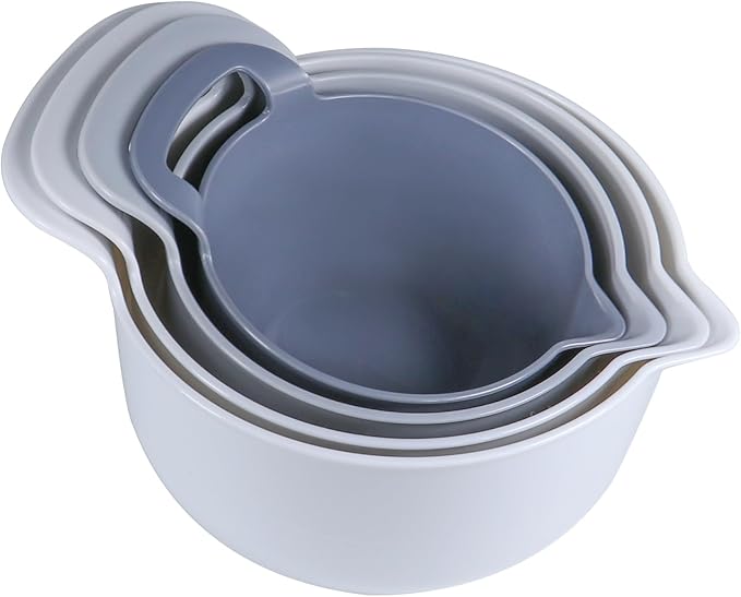 Mixing Bowls - 4 Piece Nesting Plastic Mixing Bowl Set with Pour Spouts and Handles - Non Slip Bottom and Measurement Markings (Light Gray)