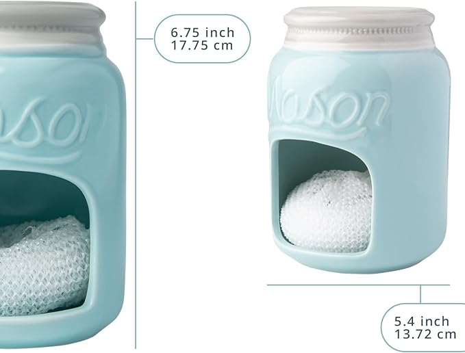 Comfify Ceramic Sponge Holder – Aqua Blue Farmhouse Sink Caddy – Mason Jar Kitchen Accessory – Includes Free Sponge