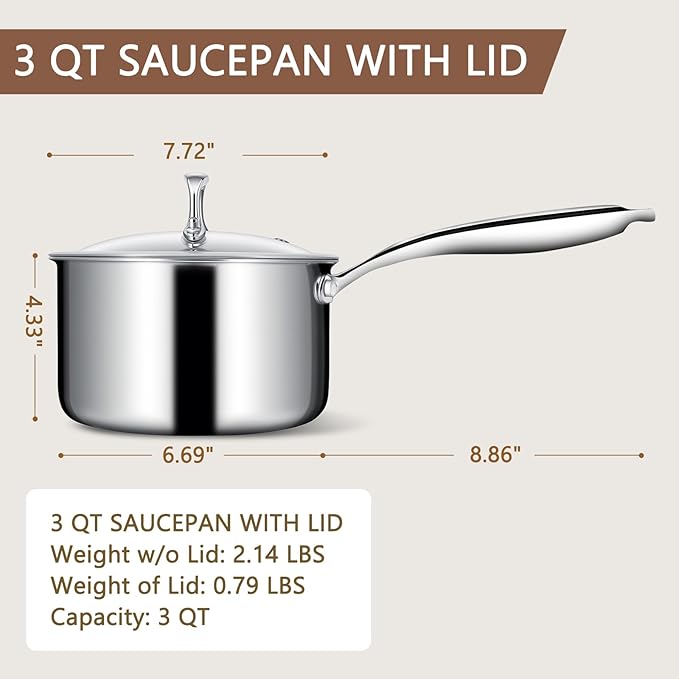 EWFEN 3 Ply Stainless Steel Saucepan with Lid, 3 Quart Multipurpose Cooking Pot, Stay-Cool Handle, Induction Oven Dishwasher Safe, 3 QT