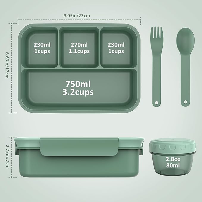 Caperci Bento Box Adult - 50 oz Large Lunch Containers for Adults and Teens, 4-Compartment Bento Lunch Box with Utensils & Leak Proof Sauce Cup, Dishwasher Safe, Durable, BPA-Free (Khaki Green)