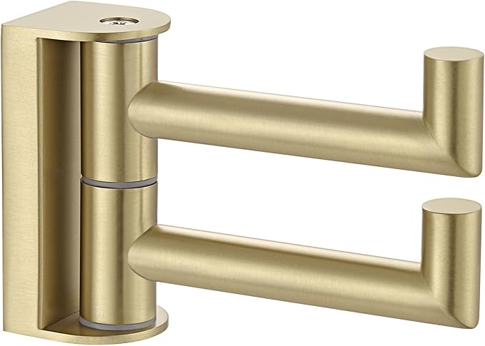 APLusee Brushed Gold Double Swivel Towel Hook, 304 Stainless Steel Foldable Towel Hanger, Space-Saving Wall Hook for Bathroom Kitchen RV