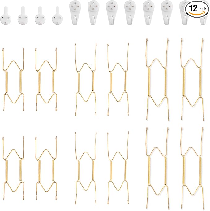 Bilillo 12 pcs Plate Hangers for The Wall, 6/8/10 Inch Invisible Decorative Wall Plate Hangers, Stainless Steel Plates Walls Hanger for Display Various Sizes with Hooks for Decorative