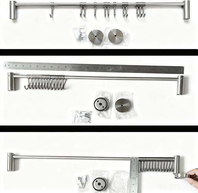 Premium Stainless Steel Kitchen Tool Utensil Organizer Rack with Movable Hooks for Pan Pot,Wall Mount (24"-12Hooks Version B)