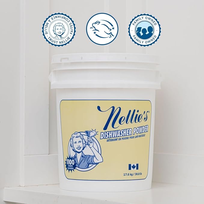 Nellie's Dishwasher Powder - Superior Grease Penetration, Powerful Plant-Based Formula, Safe for Septic Systems, Advanced Food Particle Dislodging, Eco-Conscious Cleaning - 1,100 Scoop Bulk Bucket