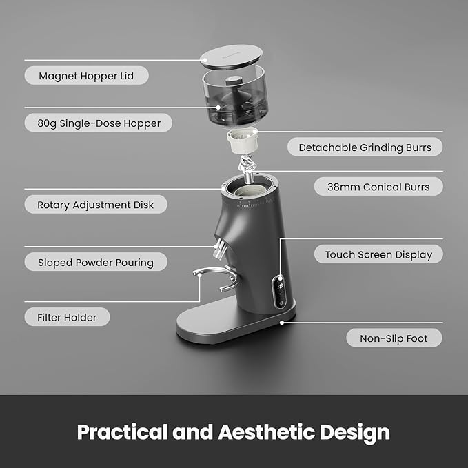Gemilai Electric Conical Burr Coffee Grinder, Coffee Bean Grinder with Smart 60S Timer, 60 Precise Adjustable Grind Settings for Espresso, 2-12 Cup, Easy to Clean, Durable & Quiet, G9010B Grey