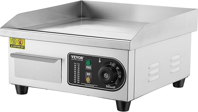 VEVOR Commercial Electric Griddle, 1700W Countertop Flat Top Grill, 14in Stainless Steel Griddle Grill with 2 Shovels and 2 Brushes for Home or Restaurant, 122℉-572 ℉ Adjustable Temp
