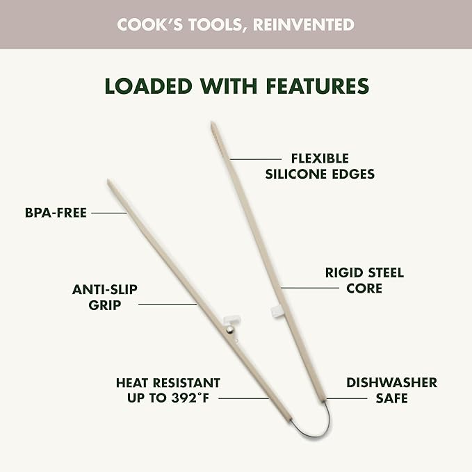 GreenPan Silicone Tong, Cooking Grilling Serving, Salad, Kitchen Utensil, Flexible Rubber Nonstick Cookware, Rigid Steel Core, Heat-Resistant, Anti-Slip Handle, BPA-Free, Dishwasher Safe, Taupe