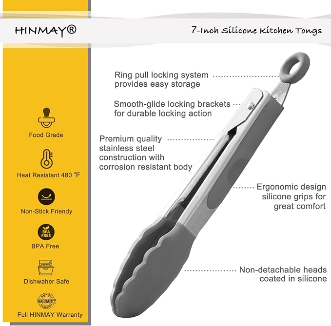 Small Serving Tongs with Silicone Tips 7 Inch Mini Stainless Steel Food Tongs, Set of 3 (Gray)