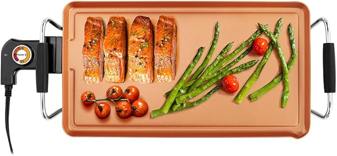 Holstein Housewares 16-Inch Electric Griddle, Healthy-Eco Non-stick Coating and Smokeless, Large Cooking Surface for Making Eggs, Chicken Chops and Ham, Multifunctional, Copper and Black Color
