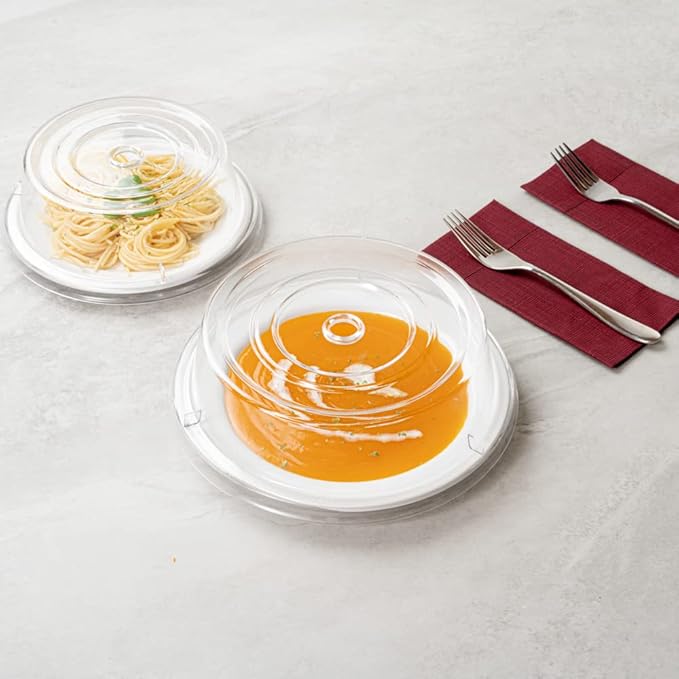 Restaurantware Cater Tek 10.2 Inch Polycarbonate Plate Cover 1 Shatterproof Dish Cover - Dishwashable Endures Up To 210F Clear Plastic Splatter Cover With Finger Hole For 10-Inch Plates