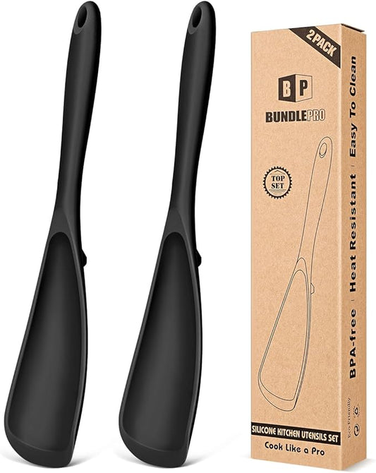 Pack of 2 Cooking Spoons for Non Stick Cookware, Multifunction Spatula Spoon BPA-Free, One-Piece Design, Suitable for Scooping, Scraping, Serving and Mixing (BLACK-BLACK)