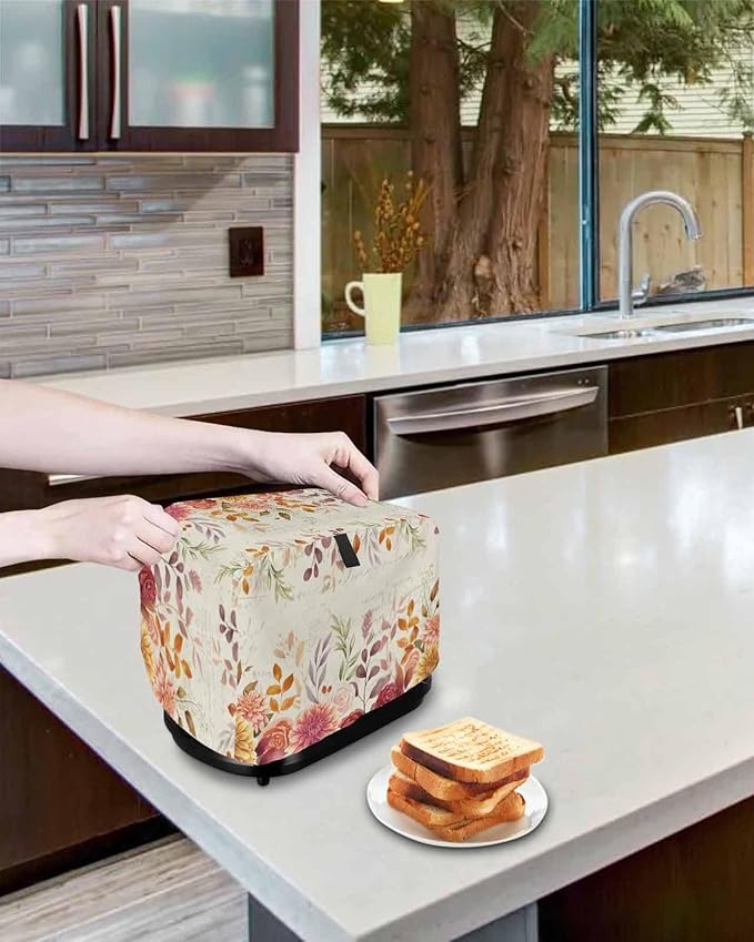 Red Orange Floral Fall Toaster Cover 2 Slice, Thanksgiving Eucalyptus Leaves Dustproof Bakeware Oven Protector with Top Hook, Rustic Waterproof Small Kitchen Appliance Toasters Dust Cover, 11"x6"x8"