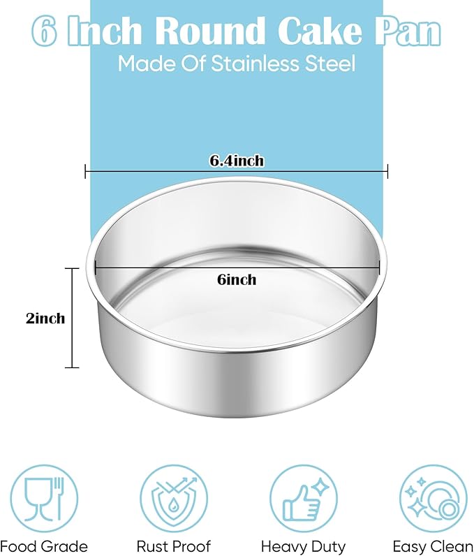 TeamFar 6 Inch Cake Pan, 2 Pcs Round Tier Cake Pan Set Stainless Steel for Baking Steaming Serving, Fit in Oven Pot Air Fryer, Healthy & Heavy Duty, Mirror Finish & Easy Clean, Dishwasher Safe