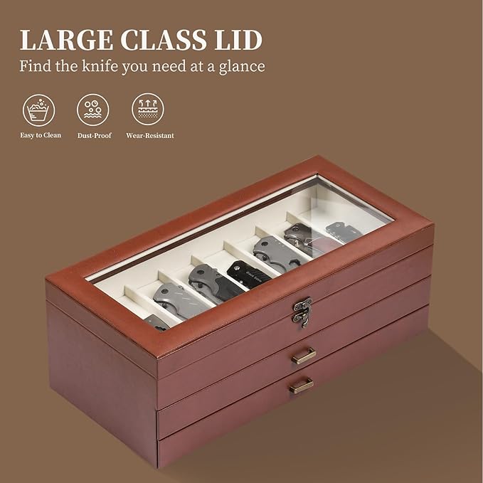 AUTOARK 3-Tier PU Leather & Velvet Knife Organizer with 26 Slots,Transparent Glass Top & Drawer,Compact Storage for Pocket Knives,Ideal for Men's Collections & Gifts,Brown,MKAW018