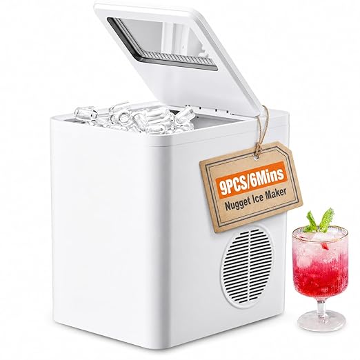 Countertop Ice Maker Machine, 9 PCS/ 6Mins Compact Nugget Ice Maker, 2 Size Ice Cube, Self Cleaning, for Home Kitchen Office Bar RV Apartment Camping White