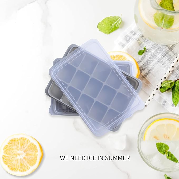 Ice Cube Trays Set of 4 (Green & Gray) - 15 Flexible Silicone Molds with Removable Lids, Easy Release, Stackable, BPA-Free for Whiskey and Baby Food