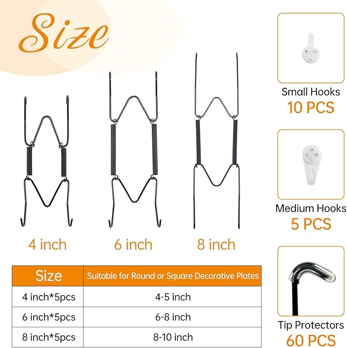Bilillo 15-Piece Stainless Steel Wall Plate Hangers, 4/6/8 Inch Invisible Decorative Wire Plate Holders with 15 Pieces Wall Hooks for 4 to 10 Inch (Black)