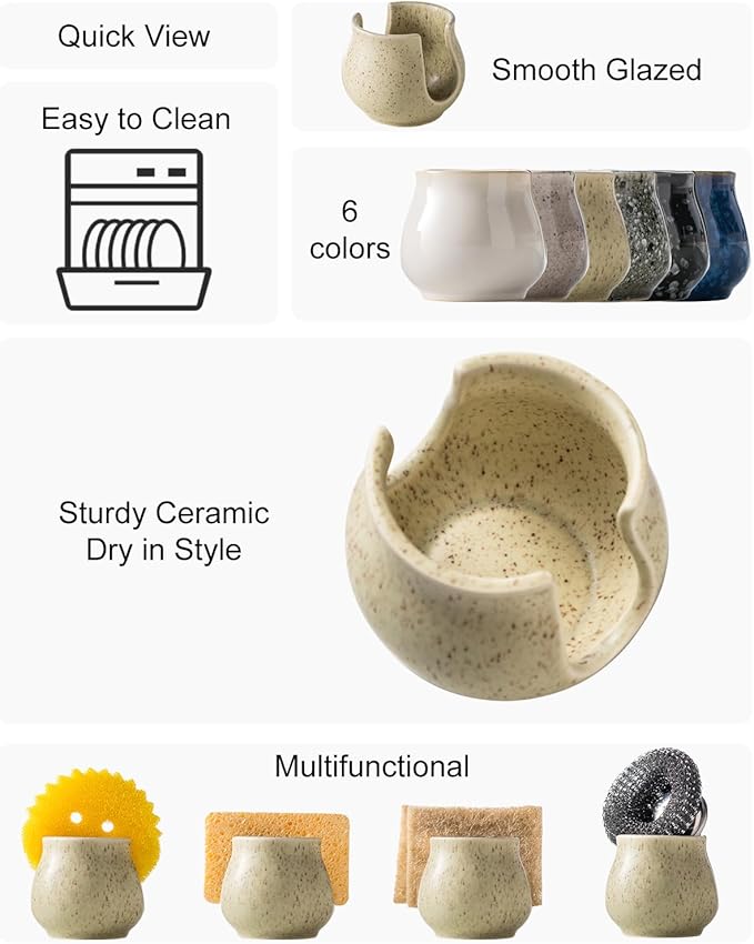 Ceramic Dish Sponge Holder, Sponge Caddy for Kitchen Sink Brush Organizer Scrub Dish Rack for Scrubbers, Bathroom, Sink, Yellow