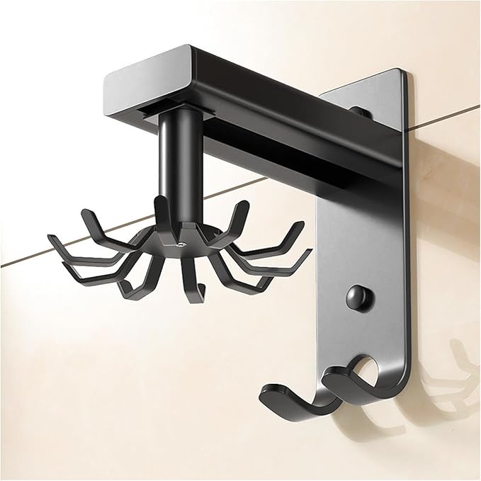 Kitchen Utensils Holder Practical Rotary Tool Hook Holder Wall Mounted Cooking Utensil Rack 10 Rotatable 2 Heavy Duty Hooks Self Adhesive (Black)