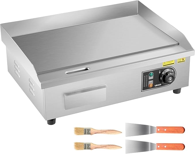 VEVOR Commercial Electric Griddle, 21 x 11.8 inch, 1750W, 122-570°F Adjustable Temp Control, Stainless Steel Countertop Flat Top Grill with 2 Spatulas, 2 Brushes and 4 Foot Pads, for Steak, Pancake