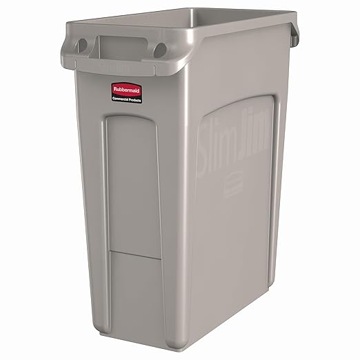 Rubbermaid Commercial Products SLIM JIM Plastic Rectangular Trash/Garbage Can/Bin with Venting Channels 16 GALBeige for Kitchens/Classrooms/Offices/Back of House