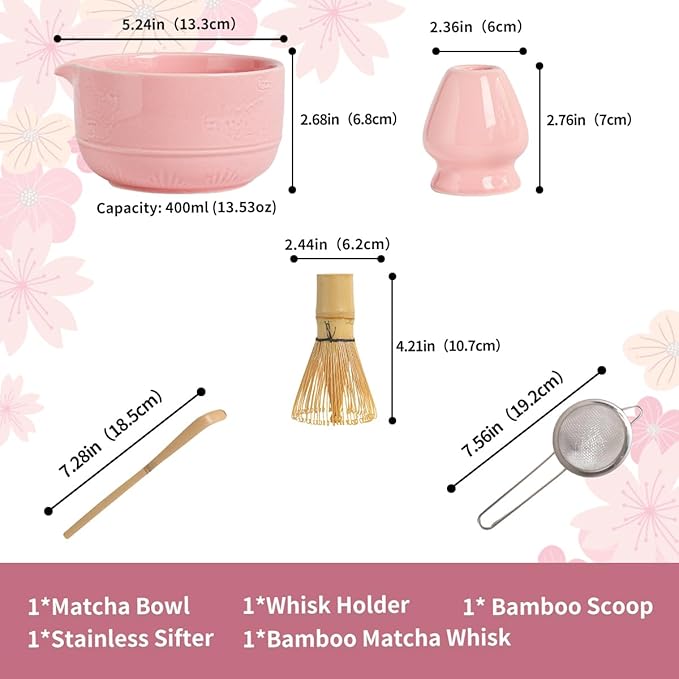 Matcha Tea Set, 5-Piece Ceramic Matcha Bowl & Whisk Kit with Cute Cat Pattern, Traditional Japanese Chawan, Scoop & Sifter, Perfect for Tea Ceremony, Gift for & Tea Lovers (pink)