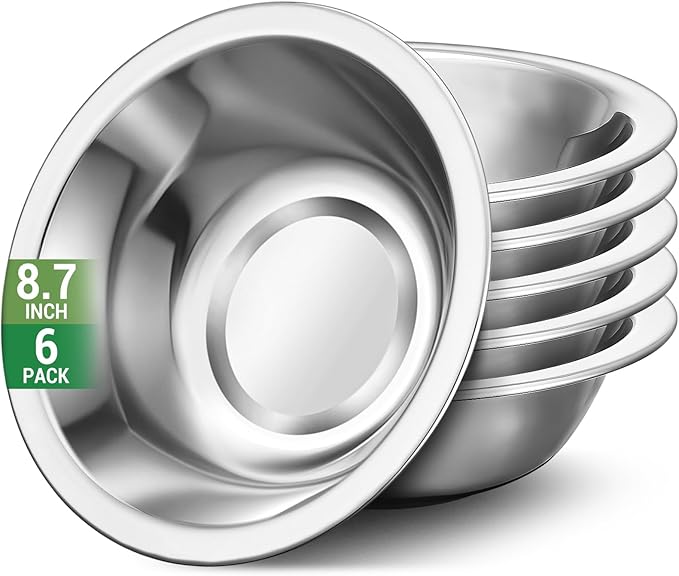 304(18/8) Stainless Steel Mixing Bowls for Kitchen, 6 Pack 8.7" 34.88 fl.oz Metal Mixing Bowls Set Stackable for Baking Serving Cooking Food Prep Storage Dishwasher Safe Lightweight
