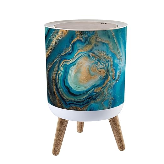Trash Can with Lid Acrylic Fluid Art Blue turquoise waves gold spots inclusions Abstract Press Top Round Small Garbage Bin with Wooden Legs Waste Basket for Kitchen Bedroom Nursery 7L/1.8 Gallon