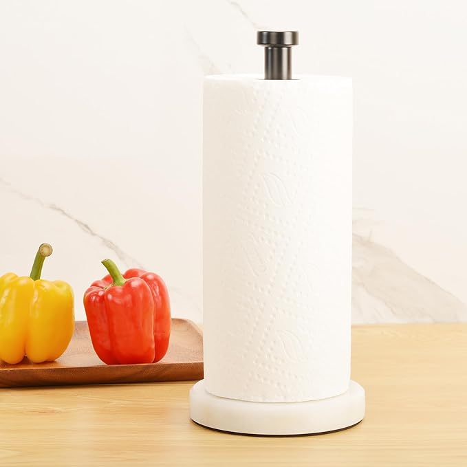 Kitchen Paper Towel Holder Countertop, Black Stainless Steel Rod, White Weighted Natural Marble Base, Heavy Duty Standing Paper Towel Roll Holders Easy One Hand Tear