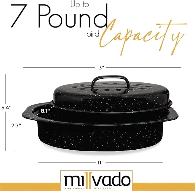 Millvado Roasting Pan With Lid, Turkey Roaster Pan, 13" Granite Oven Roaster Oval Shaped Speckled Enamel on Steel Cookware