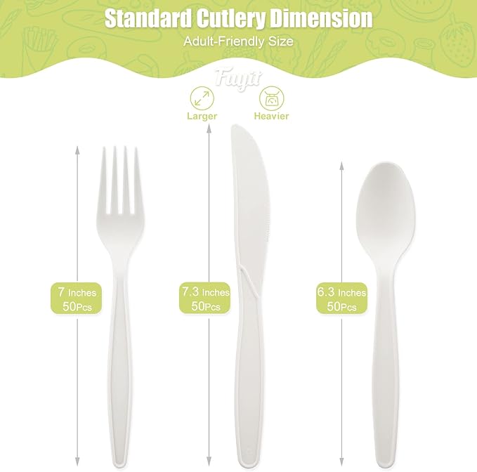 Fuyit 150 Count Compostable Cutlery Set, Disposable Biodegradable Utensils Eco-friendly Durable Cornstarch Flatware Includes 50 Forks, Knives & Spoons for Party, BBQ, Picnic & Potlucks (White)