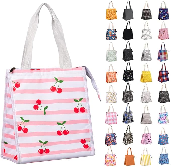 iknoe Insulated Lunch Bag for Women & Adults, 9L Foldable Wide-Open Cooler Bag with Pockets, Leakproof & Portable, for Picnic, Office, Beach(Cherry)