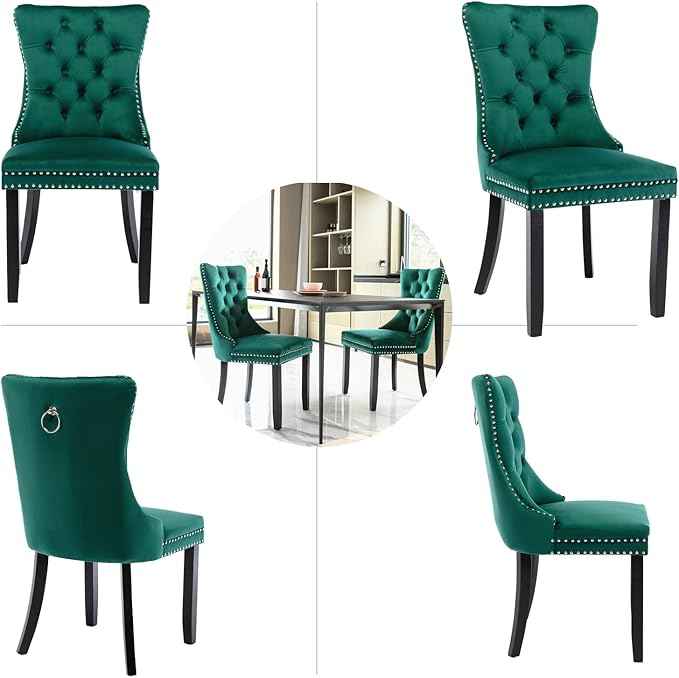 Green Velvet Dining Chairs Set of 6, Upholstered Dining Room Chairs with Back Ring Pull Trim and Solid Wood Legs, Tufted Wingback Kitchen Chairs for Dining Room,Living Room,Kitchen(Green)