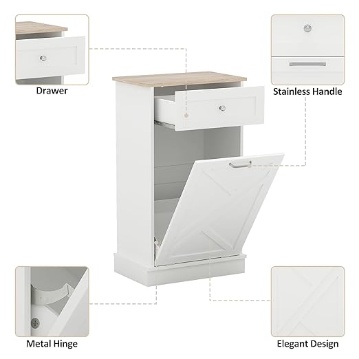 Tilt Out Trash Cabinet-Free Standing Kitchen Waste Bin-Wooden Recycling Trash Cabinet with Drawer-White