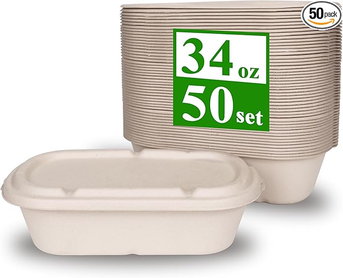 50-pack 34 oz Disposable Food Containers with Lids, Sugarcane Pulp Take Out Containers, Compostable To-Go Microwave Safe Lunch Box for Meal Prep, Salad, Pasta, Nacho, Burrito