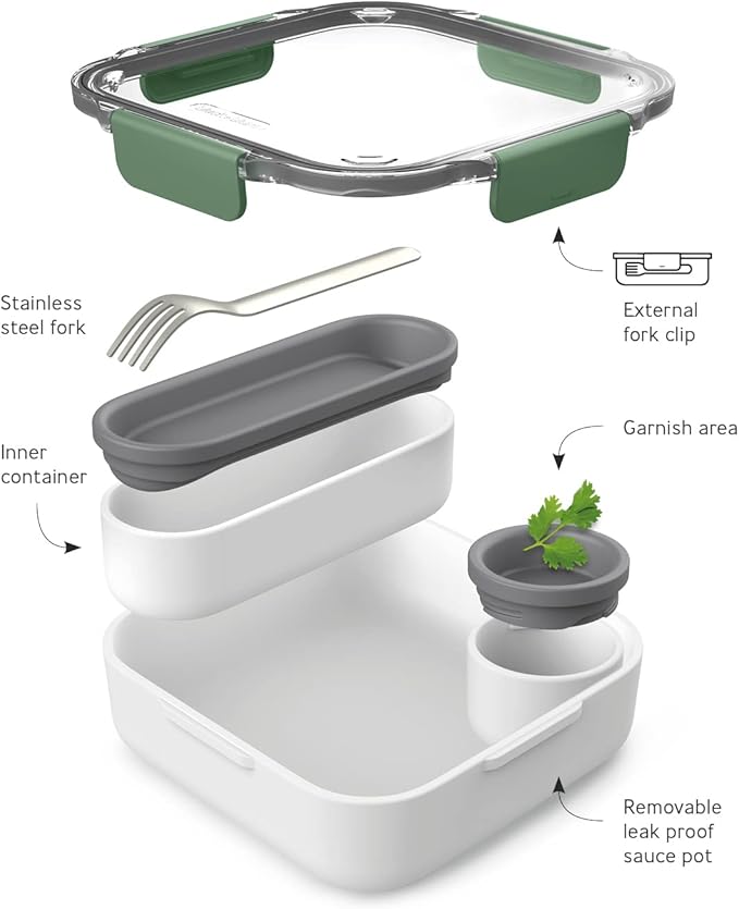BLACK + BLUM Bento Box Style Compartment Food Container | Packed Lunch Box with Stainless-Steel Travel Fork, Plastic Free Leak-Proof, Microwave Safe | Olive, 34 oz / 1000 ml