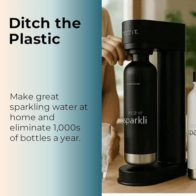 Fizzit Stainless Steel Sparkling Water Maker Bundle | Includes Soda Maker, CO2 Cylinder, & 12-Flavor Variety Pack | Customizable Carbonated Water Machine, Reusable bottle & Eco-Friendly