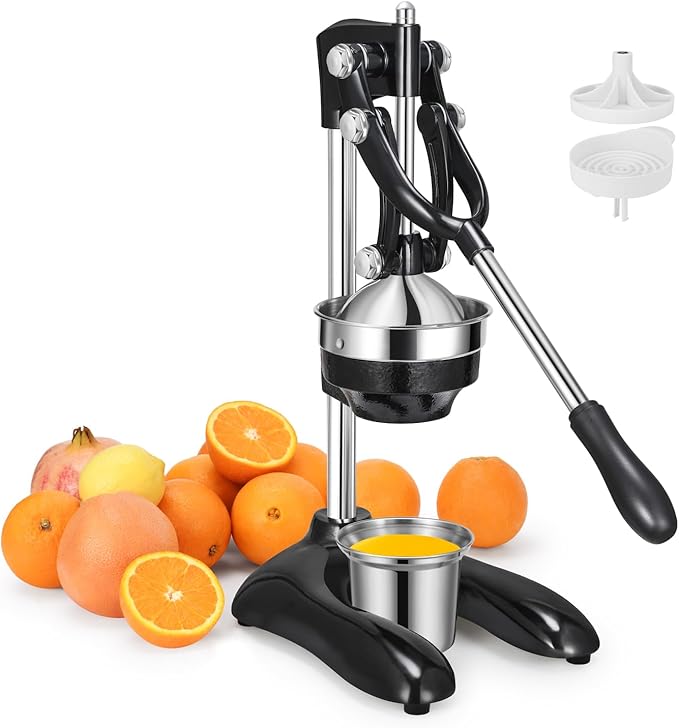 TONGCHANT Cast Iron Juicer, 19" Tall Heavy Duty Citrus Press with Dual Pattern | Manual Juicer for Orange Lemon Pomegranate, Easy to Clean, Stainless Steel Cup, Black