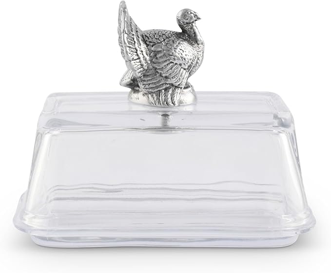 Arthur Court Glass Butter Dish with Lid Turkey Knob | Classic 2-Piece Design Covered Butter Keeper | Covers and Holds a Standard Stick of Butter | Thanksgiving Table