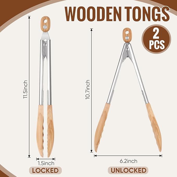 Baderke 2 Pcs Olive Wooden Kitchen Tongs for Cooking Wooden Utensil Set Salad Tongs with Wood Tips for Serving Salad Flipping Burgers Grilling and Much More, 11.4 Inch