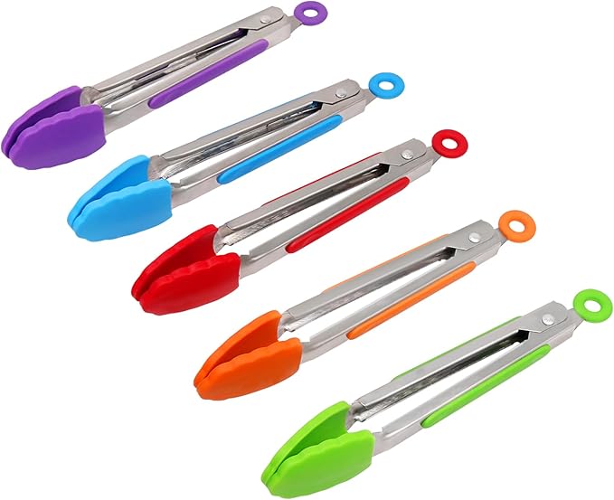 ForTomorrow 7 Inch Small Kitchen Tongs with Silicone Tips, Mini Serving Food Tongs Stainless Steel for Salad, Grilling, Frying and Cooking, 5 Pieces