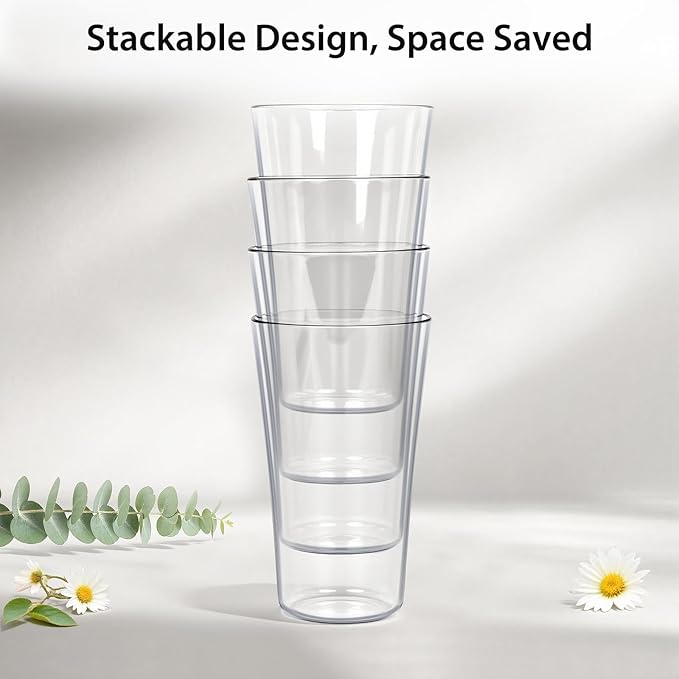 Freshmage 20oz Unbreakable Drinking Glasses (Set of 8), All-Clear Reusable Drinking Cups, BPA-Free, Shatter-Proof, Microwave Safe, Stackable Plastic Tumblers for Home, Outdoor, Camping, Pool
