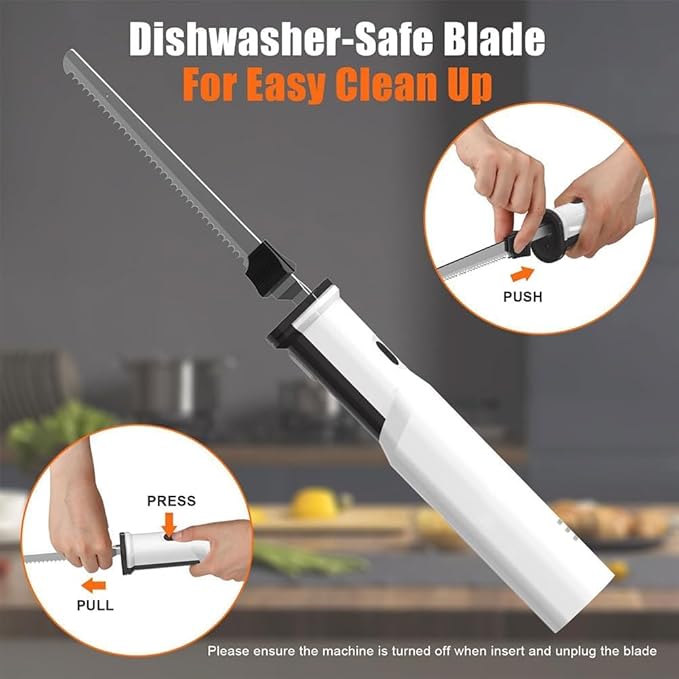 Electric Carving Knife Bread Knife, Cordless Rechargeable Meat Cutting Knife with 2 Serrated 8 Inch Stainless Steel Blades and Safety Lock for Bread, Vegetables, Fruits, Delicatessen