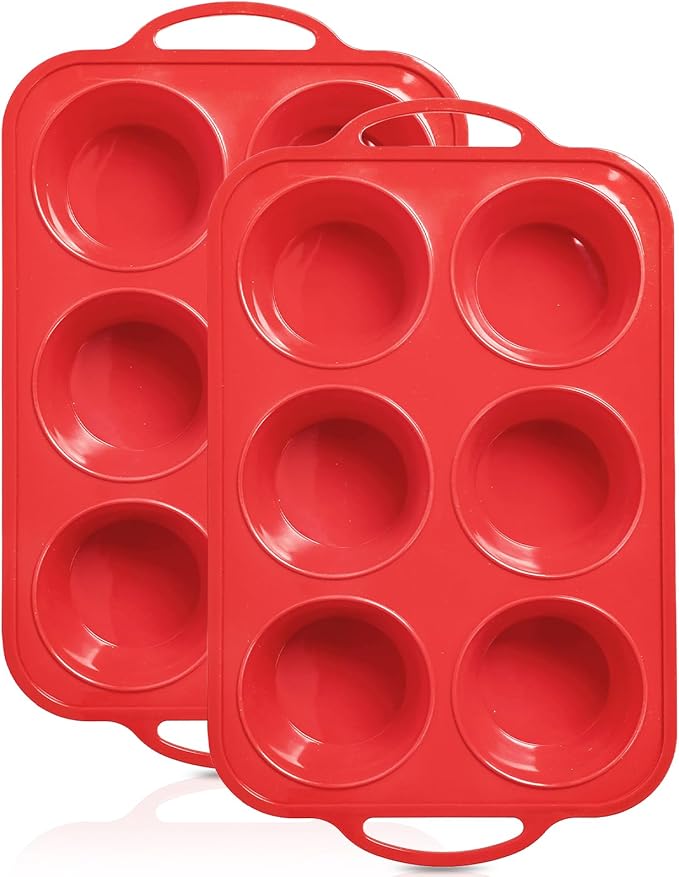 2 Pack Jumbo Silicone Muffin Pan with Metal Frame, Non-stick Large Silicone Cupcake Pan with Handles 6 Cup, Silicon Muffin Tin Tray for baking, egg bites, Cupcake Mold, BPA Free Red