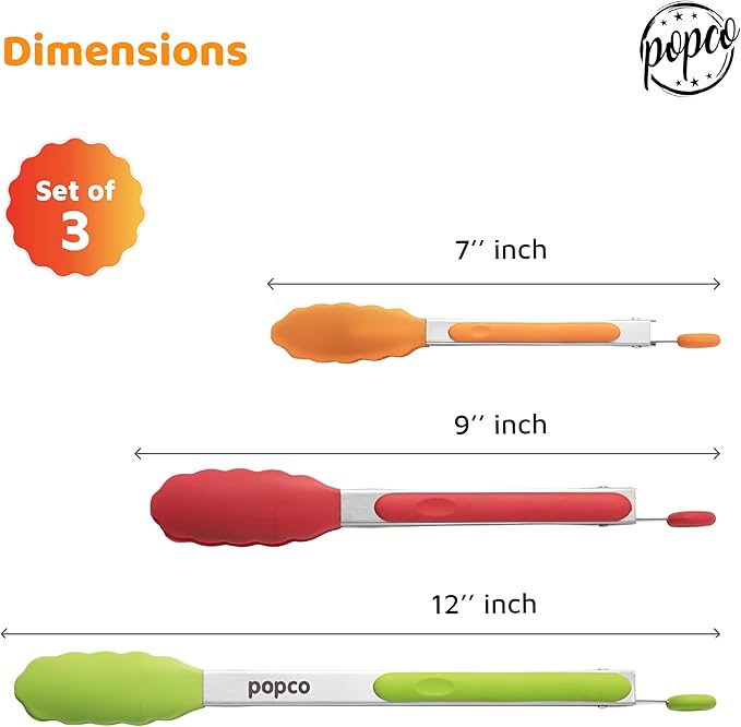 Popco 3-Piece Kitchen Tongs Set – Stainless Steel Heat Resistant Silicone Tips, Strong Comfort Grip, 3 Sizes (7, 9, 12 Inch), Non-Scratch, Dishwasher Safe, for Cooking, BBQ, Salad