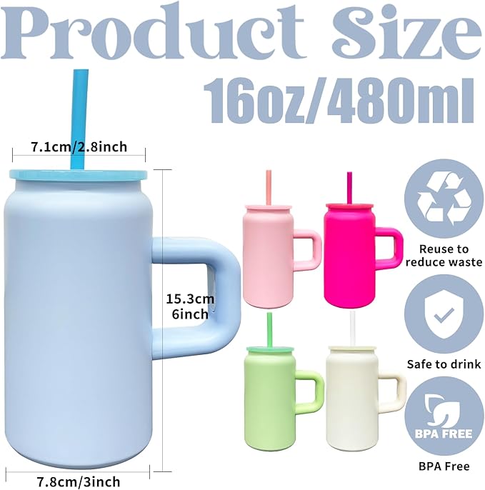 16 oz Sublimation Tumbler with Handle and Straw for Kids, Stainless Steel Sublimation Tumblers Bulk with Lids, Vacuum Insulated Iced Coffee Cups for Smoothie Water Soda DIY Gift (Blue,1 pack)