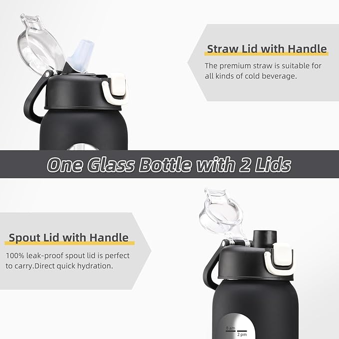 chunmo 32 oz Glass Water Bottles with 2 Lids-Handle Spout Lid & Straw Lid, 1 Liter Motivational Borosilicate Water Bottle with Time Marker and Silicone Sleeve,Leakproof-Black-1 Pack