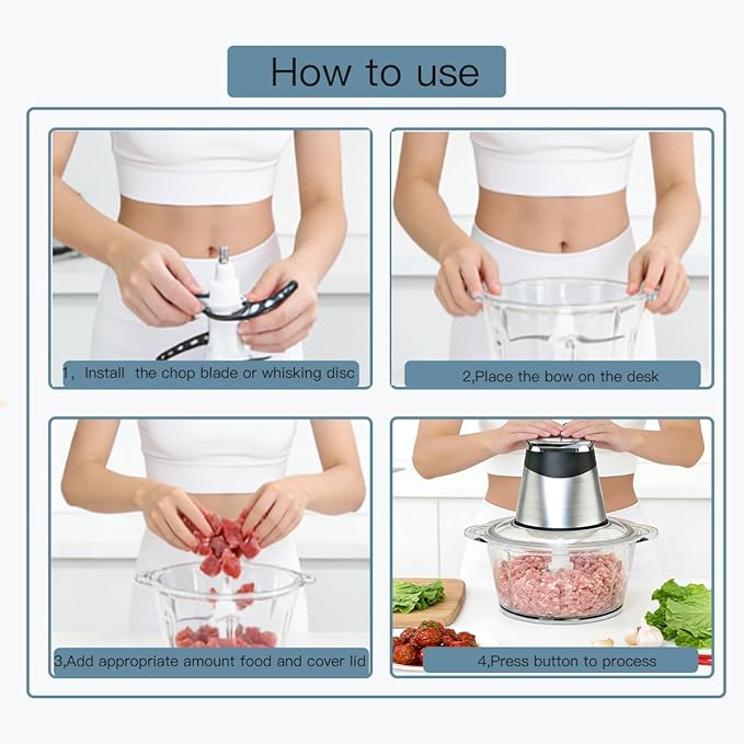 MEGAWISE Electric Food Processor, 800W Meat Grinder & Vegetable Chopper - 2 Bowls (3L Stainless Steel + 3L Glass) with 4 Blades, Dual-Speed Food Chopper for Meat, Fruits, Vegetables, and Nuts